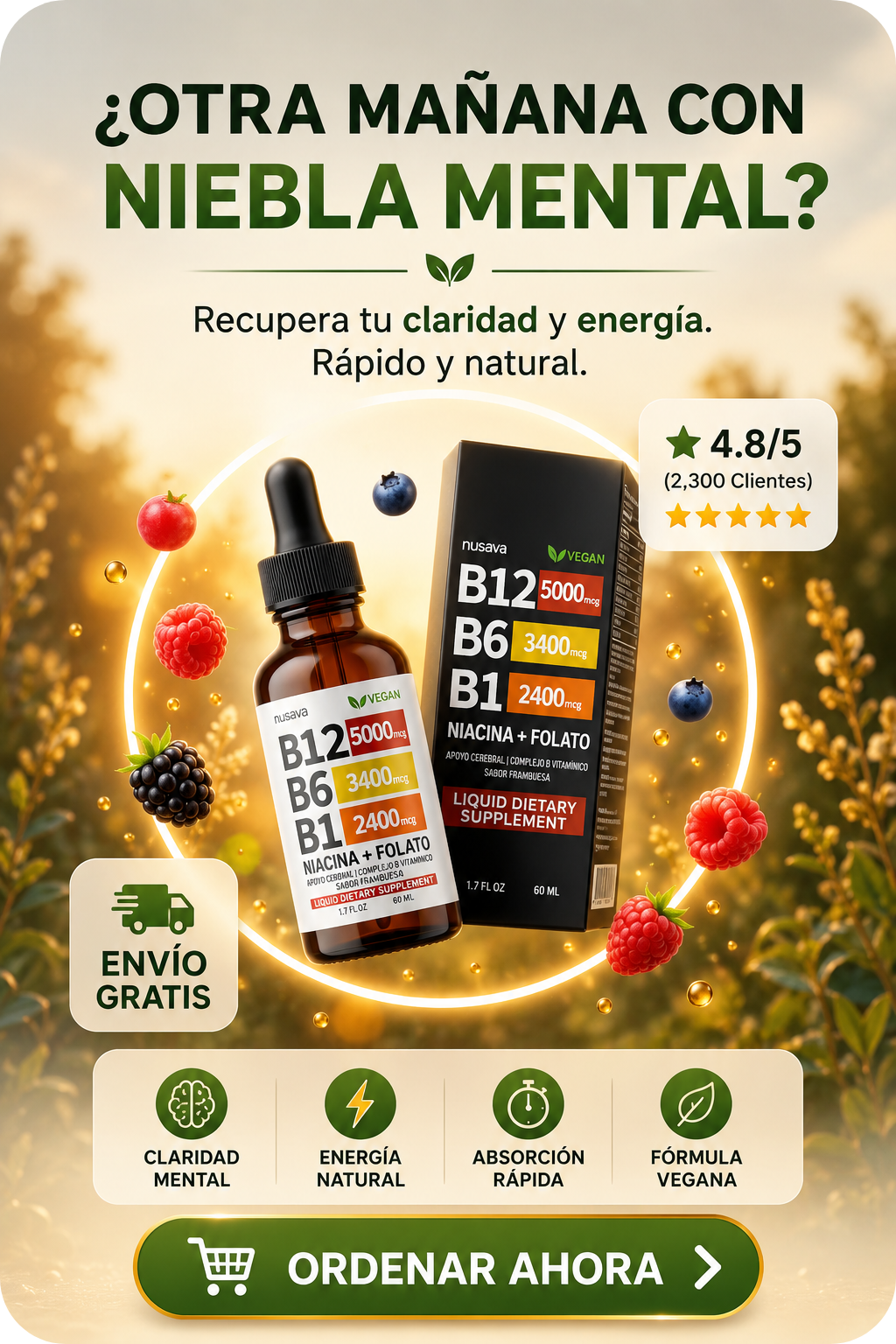 Vitamina B12+B6+B1 Líquida · Mente Clara y Vital · 2 Frascos