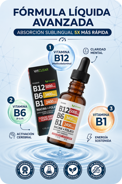 Vitamina B12+B6+B1 Líquida · Mente Clara y Vital · 2 Frascos